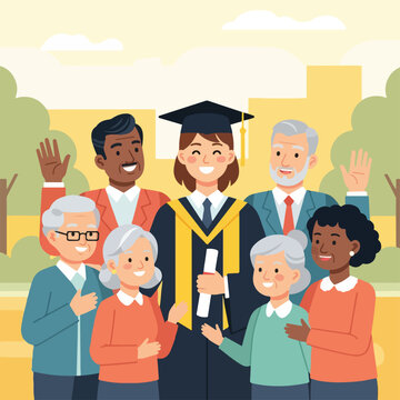 Graduate with family and friends celebrating.