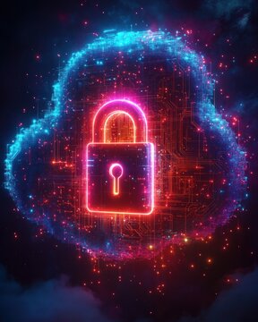 Neon padlock glowing within a holographic cloud of circuitry and floating particles conveying secure protection and futuristic digital encryption