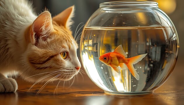 White and yellow cat watching goldfish in fishbowl