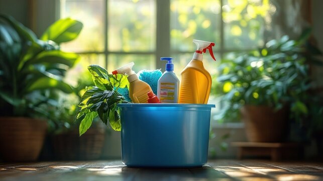 sunlit blue bucket holding spray bottles, a pump bottle, blue cleaning cloth and a leafy houseplant on a wooden floor in a warm peaceful home