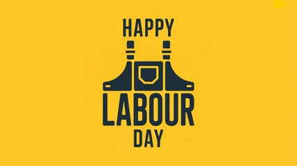Obraz premium Happy Labour Day graphic with overalls illustration on a yellow background celebrating workers and their contributions