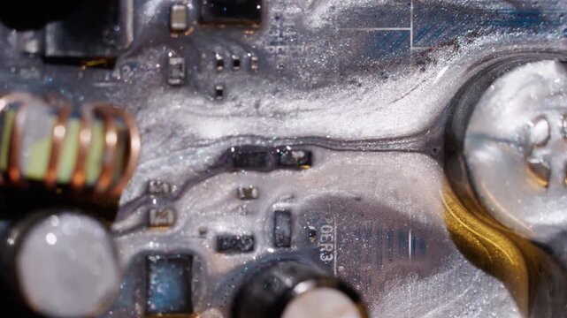 Ink leaking. Electronic technology. Defocused blue white purple color circuit sparkling round water bright fluid on abstract neon art background.