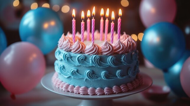 pastel blue and pink frosted birthday cake on a white stand with lit pink candles, surrounded by pastel balloons and warm bokeh lights, evoking a joyful celebratory mood