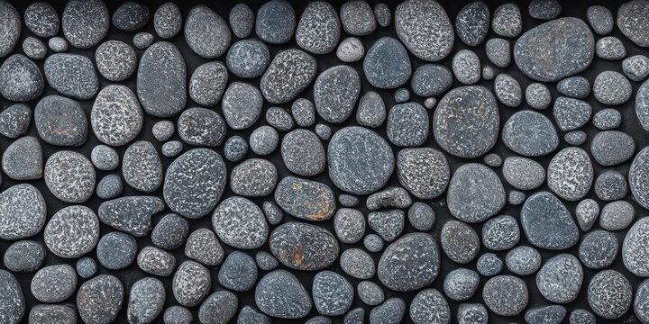 Close-up of smooth rounded gray pebbles of varied sizes with speckled textures packed tightly on a dark surface, evoking calm tranquil serenity