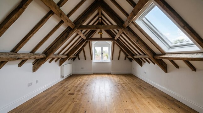 Empty modern attic room with exposed wooden beams and skylight window