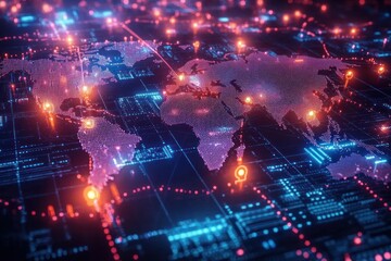 Fototapeta premium glowing holographic world map of digital dots and circuit grids with illuminated network nodes, futuristic and energetic connectivity