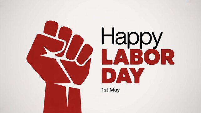 Dynamic graphic celebrating International Labor Day on May 1st, featuring a bold red raised fist symbolizing worker solidarity, collective strength, and global unity