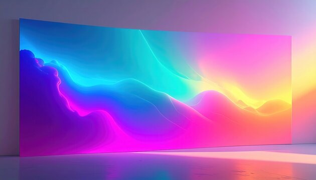 Display futuristico che mostra un'onda di luce astratta in tonalit&agrave; neon di blu, rosa e viola, creando un'atmosfera eterea e moderna.