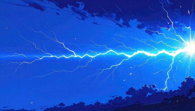 Un potente fulmine blu squarcia un drammatico cielo notturno tempestoso, illuminando le nuvole scure con intensa energia elettrica.