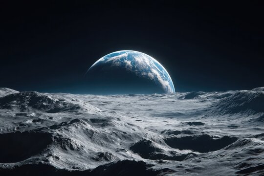 View of Earthrise from the moon with lunar landscape in background Generative AI