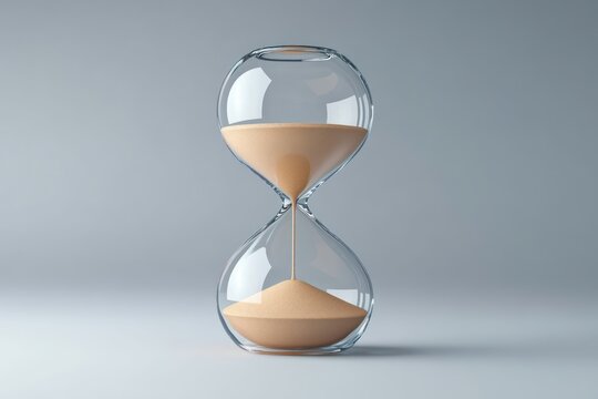 Transparent glass hourglass with beige sand slowly flowing between two chambers on a neutral background, tranquil minimal composition evoking calm and contemplation