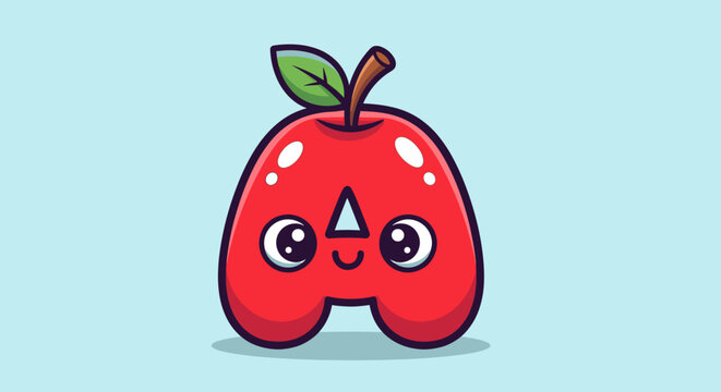 A cute, cartoonish red apple character with a smiling face and big eyes, set against a light blue background.