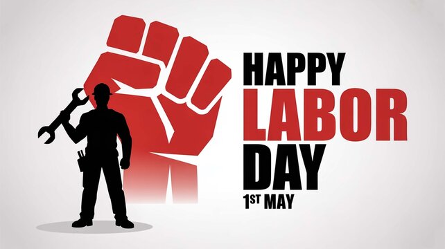 Happy Labor Day illustration with strong fist symbol and worker silhouette holding wrench tool