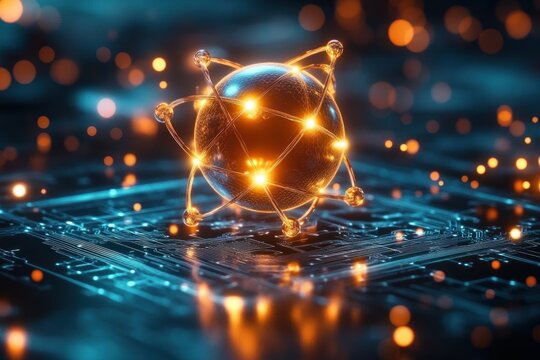 Glowing metallic sphere with golden orbital rings and illuminated nodes floating above a blue circuit board, futuristic high-tech scene evoking awe and wonder