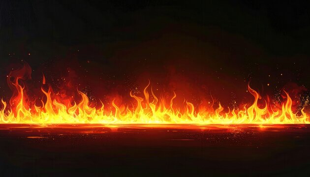 Fiamme ardenti e luminose creano una linea orizzontale su uno sfondo nero profondo, evocando calore intenso e pericolo.