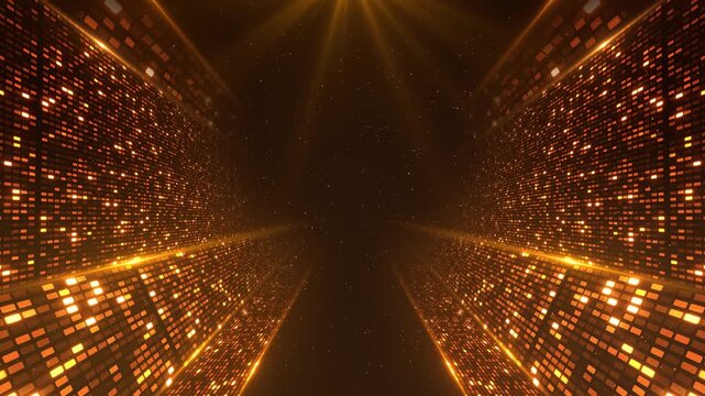 Futuristic Abstract Golden Digital Tunnel with Glowing Square Pixels glowing orange and gold screens. Perfect for awards show intros, music concert backgrounds, or red carpet event visuals.