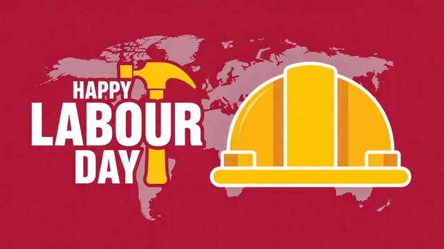 Happy Labour Day greeting card with yellow hard hat and hammer, international workers day banner on red background, global labor celebration