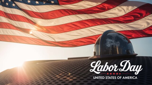 Labor Day United States of America celebration, construction hard hat on industrial surface, waving American flag background with golden sunset flare