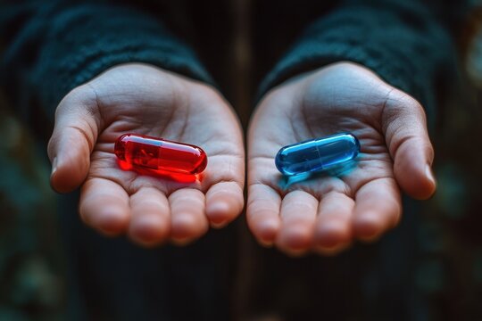 two outstretched palms offering a glossy red capsule in one hand and a blue capsule in the other, evoking a tense choice and quiet contemplation