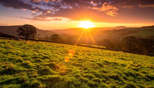 Scenic, sunlit vista of rolling hills and vibrant green fields with a radiant sunset