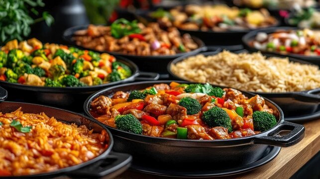 Colorful buffet of sizzling stir-fry and fluffy rice in black skillets with broccoli, bell peppers, mixed vegetables and seasoned meat chunks, warm inviting and appetizing display