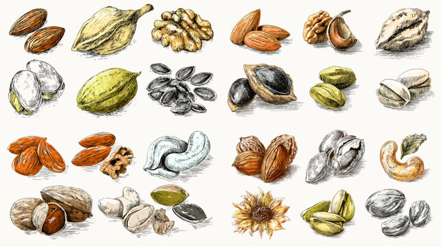 Watercolor nuts and seeds collection with almonds, pistachios, coconut and cocoa pods, perfect for healthy food packaging, grocery labels, recipes and organic branding.