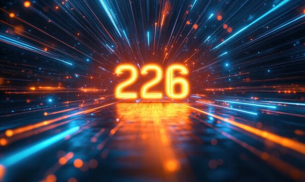 glowing orange numerals 226 suspended amid streaking blue and orange light trails over a reflective grid floor conveying futuristic speed and energy