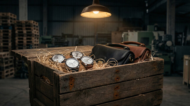 Dimly lit warehouse scene with smuggled luxury goods including watches and leather bags in a wooden crate under warm overhead light