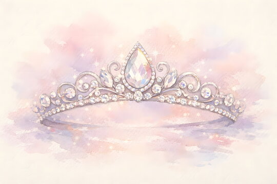 A delicate sparkling tiara floating on a soft pastel watercolor background with a dreamy atmosphere.