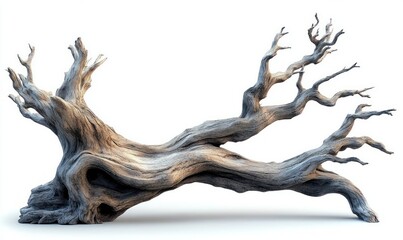 Fototapeta premium Weathered fallen tree trunk with twisted gnarled bare branches and hollow cavities isolated on white background, evoking ancient, haunting beauty
