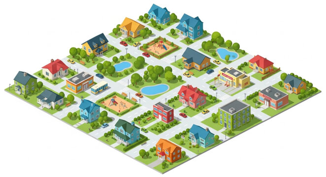 Isometric neighborhood with diverse houses and green spaces.