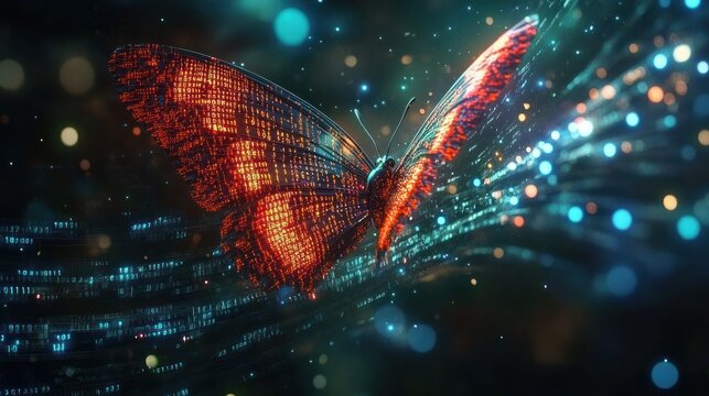 glowing orange digital butterfly flying through a blue data stream with sparkling particles, futuristic and awe and wonder