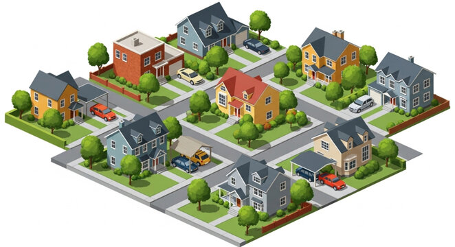 Isometric Neighborhood with Diverse Houses and Streets.