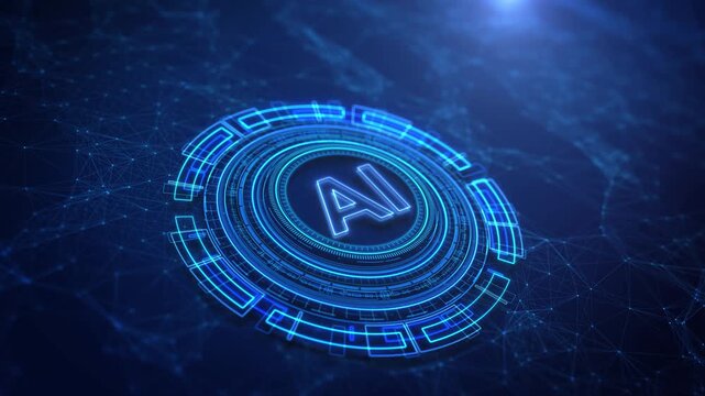 Human Hand click on futuristic Artificial Intelligence AI Glowing Digital HUD Interface Concept. HUD circle AI acronym elements machine learning automation, innovation, and smart computing visuals.