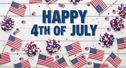 Fototapeta premium A festive 4th of July celebration with American flags and patriotic decorations on a white wooden background