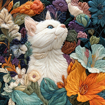 Whimsical White Kitten in Floral 3D Embroidery Art