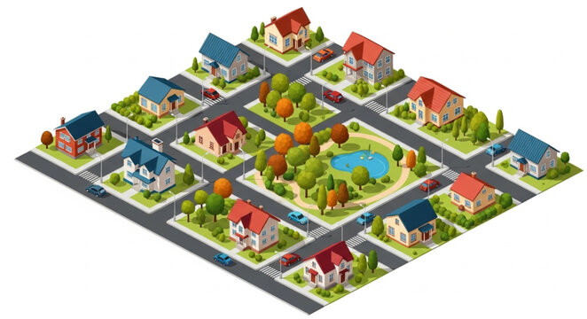 Isometric Neighborhood With Houses And Park.