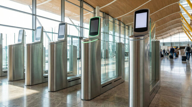 Modern biometric security gate system with digital screens in an airport terminal, featuring sleek metallic design and bright natural lighting