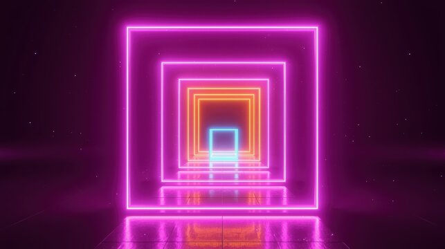 Recursive glowing geometric shapes creating an infinite tunnel effect with vibrant colors
