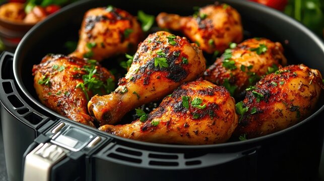 crispy golden chicken drumsticks in an air fryer basket garnished with fresh parsley, charred spots and juicy skin, warm appetizing comfort meal