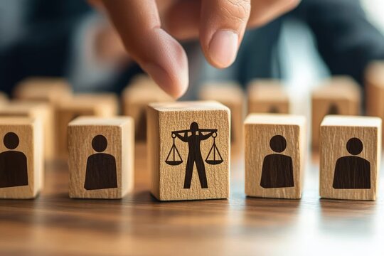 Hand selecting a wooden block with scales of justice among blocks with person silhouettes, symbolizing fairness, equality and ethical decision making