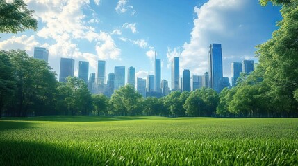 Obraz premium Sunlit lush green park meadow with leafy trees and a modern skyscraper skyline under a bright blue sky, evoking a peaceful and serene urban oasis