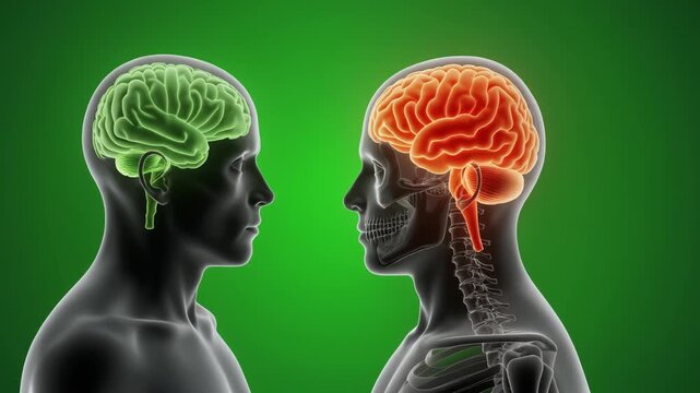 Two Silhouetted Heads Face Each Other With Highlighted Brains.