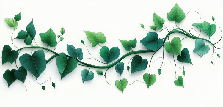 flowing green vine with heart-shaped leaves and delicate tendrils on white background, fresh tranquil botanical illustration