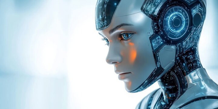 futuristic humanoid robot with illuminated circular sensor, visible circuitry and chrome plating against soft pale blue background, calm curiosity