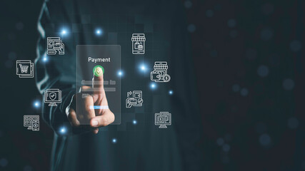 Fototapeta premium Secure digital payment interface with online transaction system, fintech technology, and mobile banking icons. Business finance concept showing safe money transfer, ewallet, and data protection.