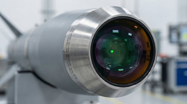 Close-up of advanced laser guided munition in a high-tech laboratory setting, showcasing intricate metallic design and reflective optics, soft focus background