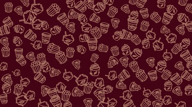 Handdrawn doodle food maroon background pattern with outlines of pizza coffee and popcorn is cute and quirky.