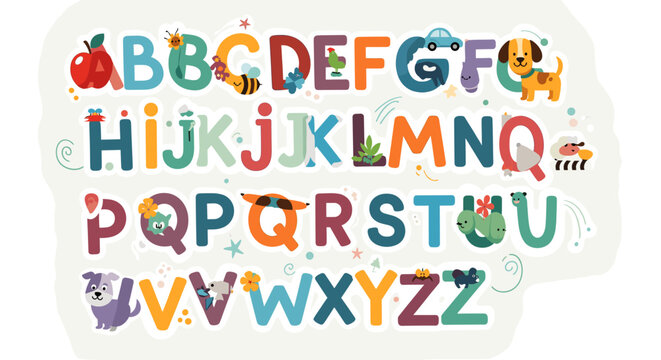 Colorful Alphabet with Cute Animals and Objects for Children's Education.