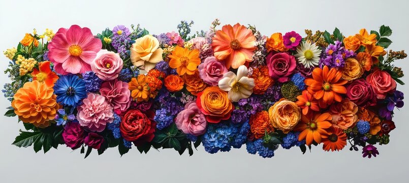 Vibrant horizontal arrangement of mixed roses, dahlias, zinnias, daisies, hydrangeas and green foliage on white background conveying joyful, celebratory energy